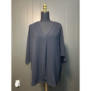 Zenana Outfitters Black Dolman Sleeve V Neck Tunic Top Textured‎ L Large